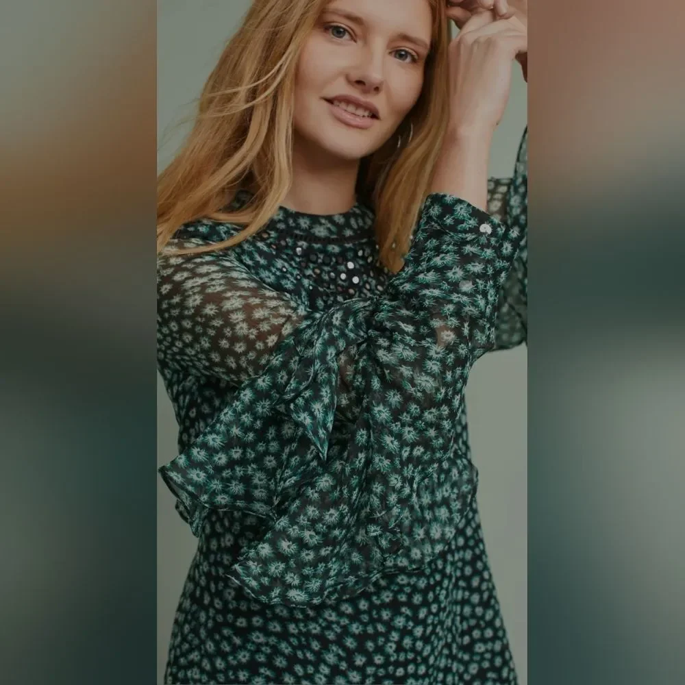 Floral Ruffle-Sleeve Shift Dress - Teal/Black - Picture 3 of 12